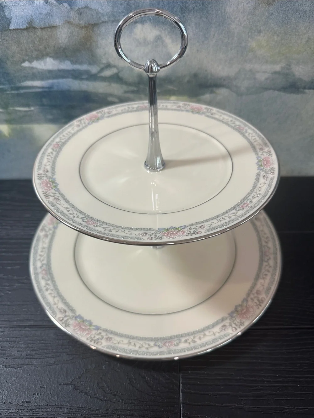 Lenox  Charleston Two Tier Cream and Pink, Silver Rimmed. Floral Serving Stand